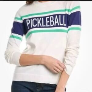 Alashan Women’s 100% Cashmere Sweater Pickleball Script Paddles Ivory Blue L